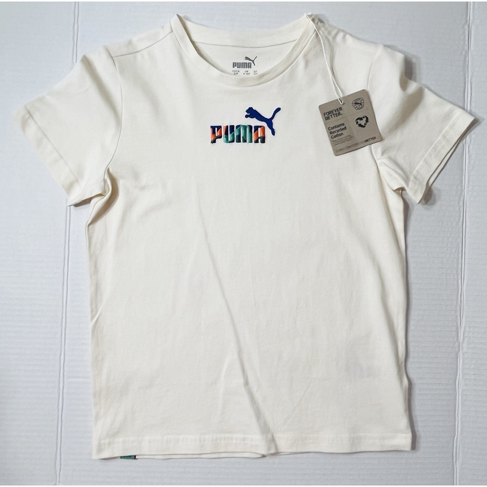 NWT Puma Ready Set Better Tee‎ Boys Small Cream Embroided Logo Gym Sports